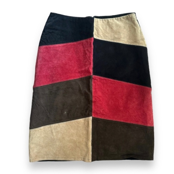 Vintage 90s Hypo Active Leather Patchwork Black Red Tan Skirt Women’s Size 12 - Picture 1 of 12